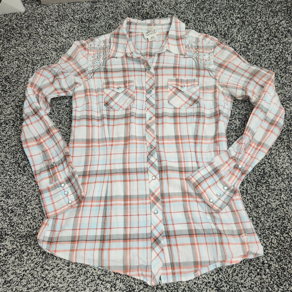 Ariat Fitted Women M Red Gray Blue Plaid Pearl Snap Long Sleeve Rhinestone Bling